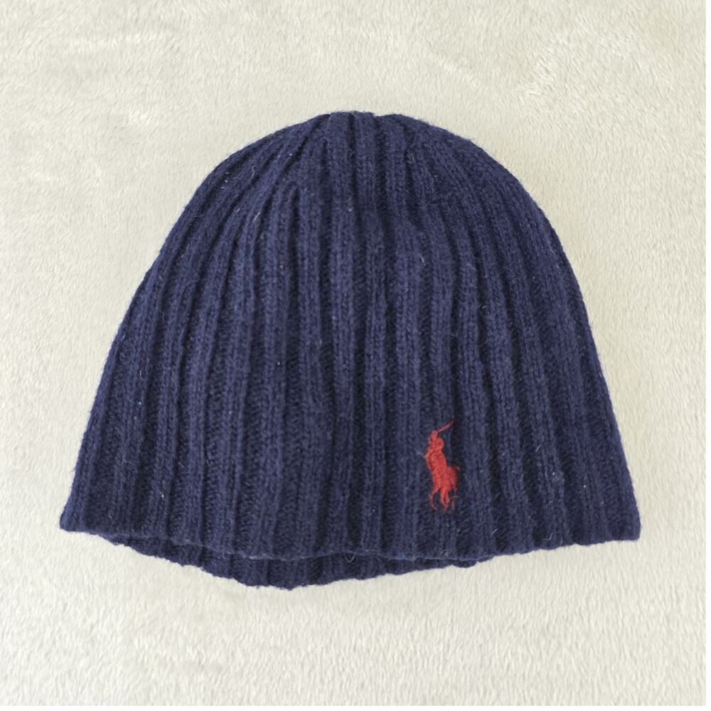 Polo Ralph Lauren Wool Blend Knit Ribbed Kids Baby Beanie Hat Navy Blue Pony